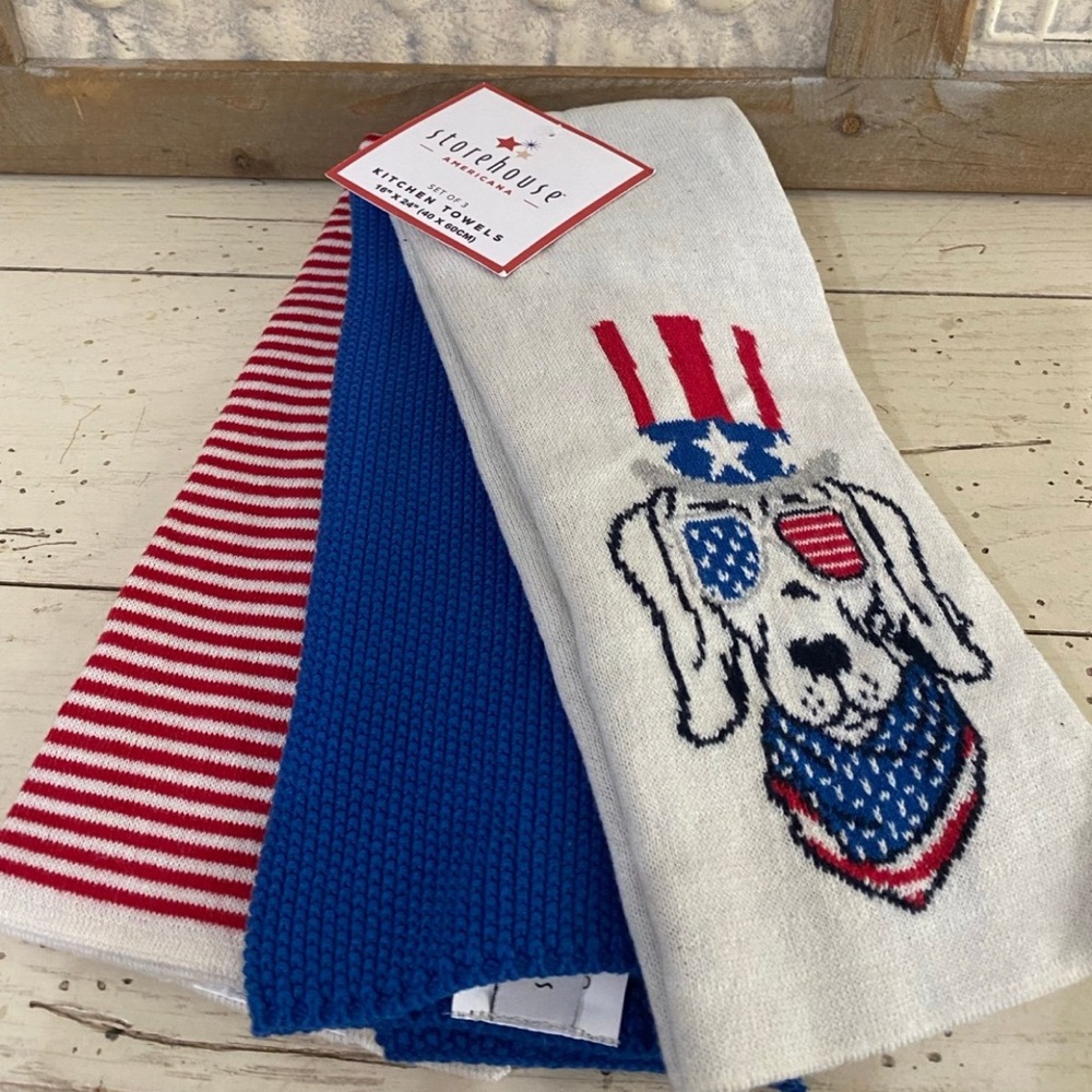Storehouse Patriotic Dog Red, White & Blue kitchen towel trio - Brand new!